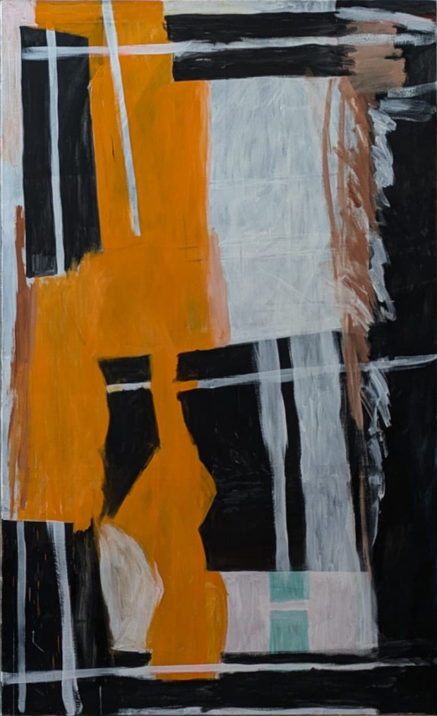 Abstrakcyjny obraz olejny na płótnie z geometrycznymi formami w czerni, bieli i pomarańczu.