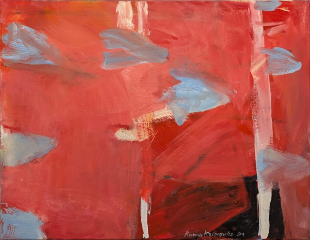 Abstrakcyjny obraz olejny na płótnie utrzymany w intensywnej czerwieni, z miękkimi, szaro-błękitnymi plamami i pionowymi akcentami.