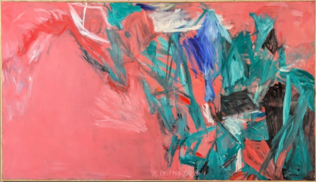 Abstrakcyjny obraz olejny na płótnie z dominującym różowo-czerwonym tłem i dynamicznymi, zielono-niebieskimi formami.