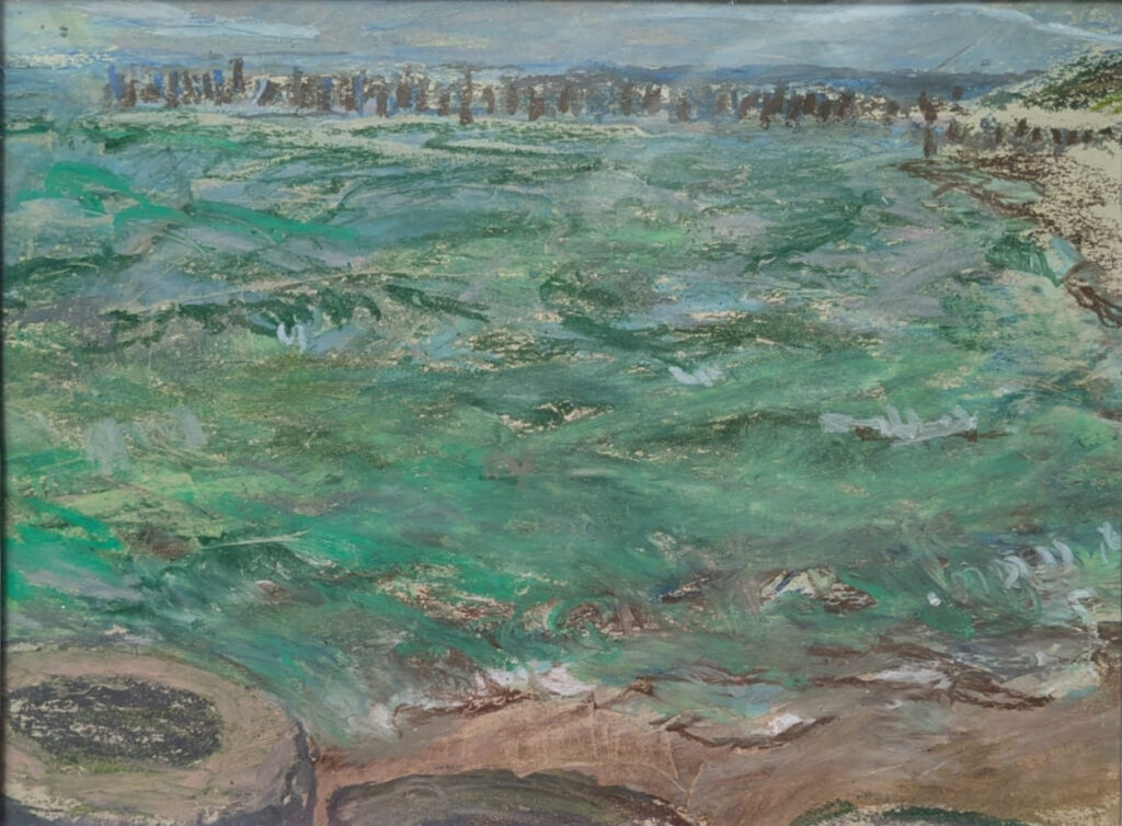 Pejzaż nadmorski, obraz namalowany pastelami.