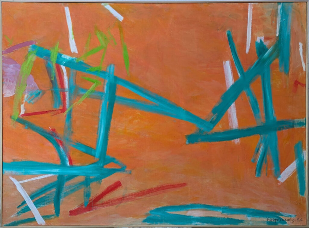 Abstrakcyjny obraz olejny na płótnie z dynamicznymi, turkusowymi liniami na pomarańczowym tle.